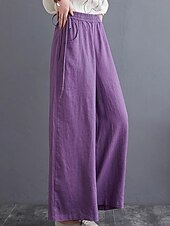 abordables Pantalón liso de lino y algodón-Mujer Pantalones de lino y algodón pantalones Ropa de calle Casual Longitud total Cintura Media Plano Bolsillo Cintura elástica Al Aire Libre Cómodo Ropa Cotidiana Noche Albaricoque Negro Azul Morado