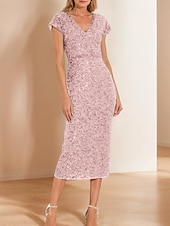 abordables Longueur du thé-Robe fourreau/colonne en dentelle à paillettes vert bleu pour mère de la mariée, élégante, simple et luxueuse, col en V, longueur thé, longueur midi, tulle, manches courtes, 2025
