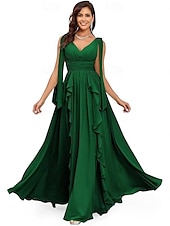 baratos Vestidos de Noite-Vestidos de Quinceanera A-Line Vestido Elegante Performance Natal Comprimento do Chão Sem Mangas Decote V Chiffon Costas Nuas com Pregas