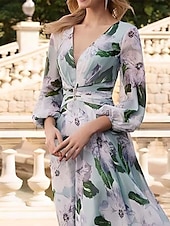 preiswerte Bodenlänge-A-Linie Kleid Mutter der Braut Kleid Blumenmuster Elegant Vintage V-Ausschnitt Knöchellang Chiffon 3/4 Länge Bubble-Ärmel mit Raffungsdetails Renn-Tag-Kleid Hochzeitsgast Kleid