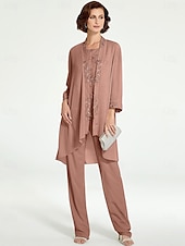 levne Máminy kalhotové kostýmy-Jumpsuit  kalhotový kostým 3 dílný matky nevěsty formální svatební host elegantní plus size bateau výstřih podlahová délka šifon krajka bez rukávů s volány volná velikost na míru