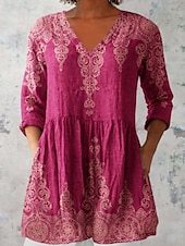 cheap Hawaiian Tops-Women&#039;s Blouse Floral Graphic Bohemia Vintage Casual Long Sleeve V Neck Regular Tops Daily Going out Pocket Print Wine Blue Fuchsia Green Light Blue Summer
