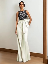 abordables Combinaisons pour maman-Combinaison / Tailleur-Pantalon Robe de Mère de Mariée  Formel robe demoiselle d honneur Élégant Simple Minimaliste Col ras du cou Longueur au sol Dentelle Tissu Extensible Sans manches avec Ceinture