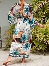 billiga Kaftans-Dam Badkläder Täck Över Baddräkt knyt fram Tropisk Standkläder Blomma V-hals Långärmad Baddräkter