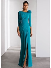cheap GREEN-A-Line Evening Gown Elegant Dress Formal Wedding Floor Length Long Sleeve Crew Neck Detachable Stretch Crepe with Shouder Flower