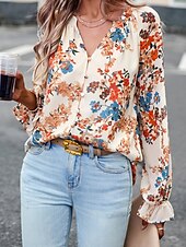 billige Boho topper-Dame Boho skjorte Bluse Blomsternål i krystall Moderne Bohem Langermet V-hals Vanlige topper Daglig Ut på byen Trykt mønster Svart Navyblå Blå Aprikos Sommer