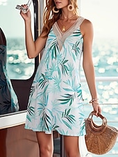 ieftine Rochii casual florale-Pentru femei Rochie Mini Rochie A line Rochie Slip Vacanță Casual Stiluri de Plajă Fără mâneci Concediu Dată Plajă Fit regulat Grafic Fără manșon În V apa albastra Negru Verde Deschis Roșu-aprins Vară