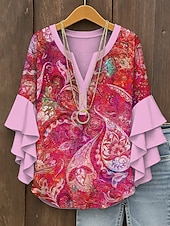 levne Dámské boho topy-Dámské Halenka Grafika Kašmírový vzor Elegantní Čechy Geleneksel 3/4 délka rukávu Do V Běžné topy Denní Dovolená Oblečení na dovolenou Volány Tisk Rubínově červená Vodní modrá Fialová Oranžov