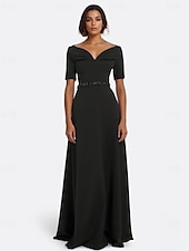 preiswerte BLAU-A-Linie Abendkleid Elegant Kleid Formell Hochzeit Bodenlang Kurzarm V Ausschnitt Stretch-Crêpe mit Perlenstickerei 2025
