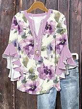 ieftine Topuri florale-Pentru femei Bluză Ombre Floral Grafic Elegant Boemia Έθνικ Lungime Manșon 3/4 În V Topuri obișnuite Zilnic Concediu Îmbrăcăminte de vacanță Bufantă Imprimeu Alb Galben Verde Deschis Mov Roz