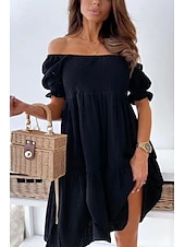abordables Robes décontractées blanches-Femmes Mini Robe Robe Décontractée Robe d&#039;été Basique Moderne Quotidien Week-end Coupe régulière Uni Manche Courte Épaules Dénudées Noir Blanche Abricot Été
