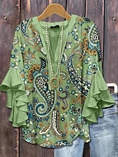voordelige Vrouwen vakantie tops-Dames Blouse V-Hals Bloemen Grafisch Geometrisch Bohemia Vintage Dagelijks 3/4 Mouw Flatter Sleeve Reguliere Tops Dagelijks Vakantie Kleding Ruffle Print Wijnrood Blauw Groen Zomer Lente Herfst