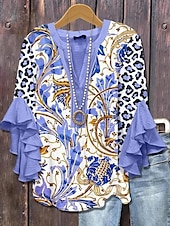 preiswerte Damen Urlaub Oberteile-Damenbluse Geschichtete Rüschenschlupfärmel Tops Floral Grafik Paisley Bohemia Vintage Täglich 3/4 Lange Ärmel V-Ausschnitt Reguläre Tops Täglich Urlaub Ferien Kleidung Print Schwarz Pink Lila