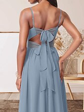 abordables Robes de demoiselle d&#039;honneur-Robe de demoiselle d&#039;honneur trapèze, col en V, sans manches, élégante, longueur au sol, en mousseline extensible avec plis / devant fendu / froncé 2025