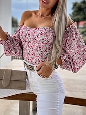 preiswerte Damen Grafik Tops-Damen Boho-Hemd Bluse Blume Modern Boho Langarm Schulterfrei Normale Oberteile Täglich Ausgehen Druck Erröten Sie Rosa Rosa Wein Rote Purpur Sommer