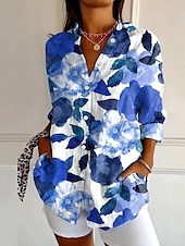 preiswerte Damen Urlaub Oberteile-Damen Hemd Langarm Button-Down Bluse Blumen Grafik Blatt Vintage Tropisch Alltag Hemdkragen Reguläre Tops Arbeit Alltag Urlaub Knöpfe Druck Blau Sommer Frühling