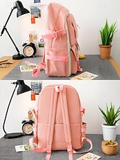 tanie Plecaki dla dzieci i nastolatków-damski 6-częściowy uroczy plecak kawaii z przezroczystymi kieszeniami z przodu, przypinkami z kreskówek i pluszowymi zawieszkami, lekka nylonowa torba szkolna dla nastoletnich dziewcząt, do codziennego użytku na uczelnię