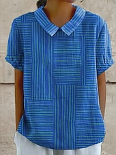 cheap Stripe&amp;Geometric Tops-Women&#039;s Blouse Graphic Geometric Striped Elegant Daily Stylish Short Sleeve Shirt Collar Regular Tops Work Daily Holiday Buttons Blue Orange Green Summer Spring