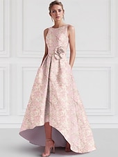 olcso Koktélruhák-Jacquard A-vonalú Koktélruhák Elegáns Ruha Formális Esküvő Aszimmetrikus Ujjatlan Kerek Nyak Nylon Virágmintás Zsebes Esküvői Vendég Ruha