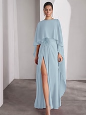 baratos roxo-Vestido de noite elegante, cor-de-rosa e azul, com corte A, comprimento até o chão, manga curta, gola redonda, chiffon com xale de penas, 2025