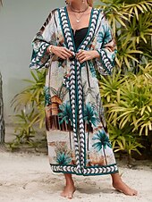 billiga Kaftans-Dam Badkläder Täck Över Baddräkt knyt fram Tropisk Standkläder Blomma V-hals Långärmad Baddräkter