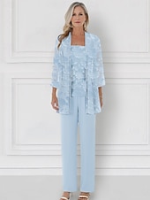 cheap Mom&#039;s Pant Suits-Sky Blue Burnt Out Floral Lace Jumpsuit / Pantsuit 3 Piece Mother of the Bride Pantsuit Elegant Simple Minimalist Crew Neck Floor Length Chiffon 3/4 Length Sleeve with Jacket