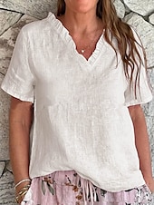 preiswerte Hemden-Damen Bluse aus Baumwolle und Leinen, einfarbig, elegant, lässig, kurzärmlig, V-Ausschnitt, normale Oberteile, Alltag, Urlaub, Rüschen, schwarz, weiß, gelb, rosa, blau, Sommer, Frühling