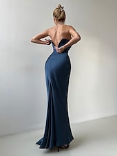 cheap BLUE-2-in-1 Dress Cape Dress Mermaid / Trumpet Evening Gown Elegant Dress Formal Semi Formal Dress Wedding Floor Length Sleeveless V Neck Satin Backless with Bow(s) Pleats Slit