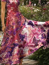 preiswerte Kunst &amp; Design Kleider-Damen Maxikleid Freizeitkleid A Linie Kleid Sommerkleid Elegant Urlaub Lässig Normale Passform Grafik Abstrakt Marmor Kurzarm Quadrathals Rote Blau Purpur Grün Sommer Frühling