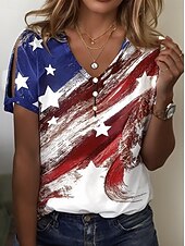 Women's Patriotic  T Shirt Graphic American Flag Vintage Stylish Classic Short Sleeve V Neck Regular Tops Daily Going out Weekend Print White Red Blue Red / Blue4