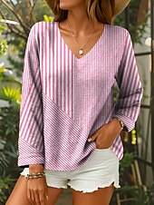 voordelige Dames Strepen &amp; Geometrische Tops-Dames Blouse Grafisch Geometrisch Gestreept Elegant Tropisch Dagelijks Lange mouw 3/4 mouw V-hals Normale tops Dagelijks Blozend Roze blauw Paars Groen Zomer Lente