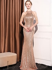 voordelige Grijs-Zeemeermin  Trompet Quinceañera Jurken Elegante Jurk Formele Bruiloft Vloerlengte Mouwloos Halter Nek Polyester met Pailletten