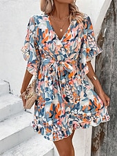 Women's Mini Dress Ruffle Dress Casual Flutter Sleeve Form Fit Ditsy Floral Short Sleeve V Neck Orange Summer Fall3