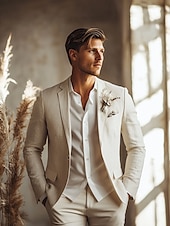 economico Abiti da sposa-Abiti da uomo casual in lino, modello da matrimonio, beige, estivi, semi-foderati, leggeri, tinta unita, vestibilità standard, 2 pezzi, monopetto, un bottone.