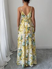 olcso Koktélruhák-Ásványvonalú quinceanera ruhák Elegáns ruha formális esküvő földig érő ujjatlan V nyakú poliészter hátul nyitott virágmintás esküvői vendég ruha