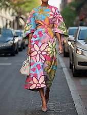 billige Elegante blomsterkjoler-Dame Midikjole Floral kjole Print kjole Elegant Mote utendørs Feriereise Ut på byen Normal Blomsternål i krystall Halvlange ermer Crew-hals Rosa Fersken Grønn Mørkeblå Sommer