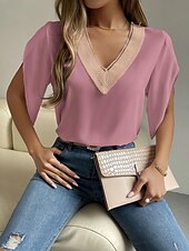 preiswerte Damen Einfache Oberteile-Damen Bluse Einfach Stilvoll Basic Lässig Kurzarm V Ausschnitt Normale Oberteile Täglich Spitze Patchwork Knöpfe Schwarz Rosa Blau Sommer