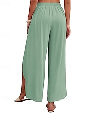 abordables Pantalón liso de lino y algodón-Mujer Pantalones de lino y algodón pantalones Casual Longitud total Cintura Media Plano Cintura elástica Separado Al Aire Libre Cómodo Festivos Ropa Cotidiana Fin de semana Albaricoque PEC Celeste
