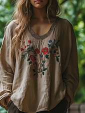 preiswerte Boho Tops-Damen Westernbluse Boho-Hemd Bluse Blume Boho Langarm V Ausschnitt Normale Oberteile Täglich Ausgehen Druck Kamel Khaki Sommer