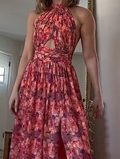 economico Abiti casual floreali-Per donna Abito Lungo Maxi Abito Vestito Casual Abito Floreale Moda Abito elegante All&#039;aperto Feste Ferie Vestibilità regolare Fiore Senza Maniche All&#039;americana Rosso Estate