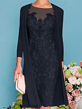 preiswerte Mit Jacke-zweiteiliges Etuikleid in Champagner für die Strandhochzeit, Mutter der Braut, elegantes Hochzeitsgastkleid mit Rundhalsausschnitt, knielang, Chiffonspitze, 3/4-Ärmel, Wickelkleid inklusive Jacke,