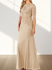 voordelige Vloerlengte-Zeemeermin  Trompet Moeder Van De Bruid Jurk Bruiloft Gast Elegante Crew Hals Vloerlengte Chiffon Halve Mouw Met Applicaties