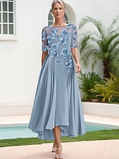 voordelige Vloerlengte-Blauwe A-Lijn Bloem Geborduurde Kant Moeder van de Bruid Jurk Elegant Simpel Luxe Boot Nek Vloerlengte Maxi Lengte Satijn Kant Halve Mouw