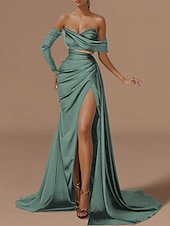 cheap GREEN-Beach Wedding Mermaid Evening Gown Sexy Dress Formal Wedding Guest Floor Length Long Sleeve Off Shoulder Satin with Ruched Slit Masquerade Dress