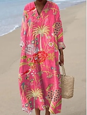 abordables Robes Rayés et Géométriques-Femmes Robe Midi Robe d&#039;Été Robe trapèze Vacances Occasionnel Boho Soirée Sortir Plage Fleuri Graphique manche longue Col en V Rose Claire Blanche Vert Claire Rose Claire Été Printemps
