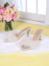 cheap Formal-Women&#039;s Pink Fuzzy Open Toe Wedding Mules with Satin Finish and Kitten Heels, Fluffy Bridal Slippers for Bride Getting Ready, Bachelorette Party or Indoor Reception