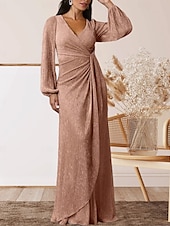 cheap Floor Length-A-Line Mother of the Bride Dress Wedding Guest Elegant Sweet V Neck Floor Length Chiffon Long Sleeve with Ruffles Ruching