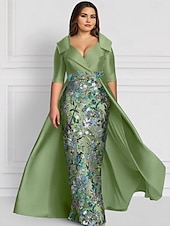 cheap GREEN-Green Embroidered Floral A-Line Evening Gown Elegant Dress Formal Wedding Floor Length Half Sleeve Shirt Collar Satin with Slit Appliques 2025