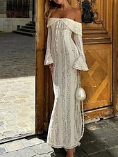 levne Bílé krajkové šaty-Dámské Dlouhé šaty Maxi šaty Krajkové šaty Šaty na ples Šaty na párty Elegantní Módní Párty Zvláštní příležitosti Večerní oslava Běžný Bez vzoru Dlouhý rukáv Pod rameny Černá Bílá Léto