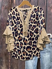 preiswerte Damen Kunst- und Design-Oberteile-Damenbluse V-Ausschnitt Grafik Leopard Gestreift Elegant Bohemia Ethnisch 3/4 Arm Reguläre Tops Tägliche Urlaubsbekleidung Druck Braun Khaki Sommer Frühling Herbst